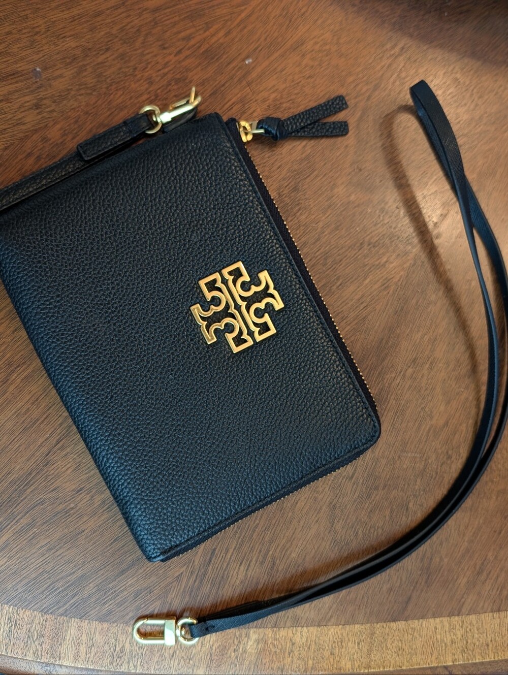 Tory Burch Black Pebbled Leather Wristlet with Gold Logo Hardware
